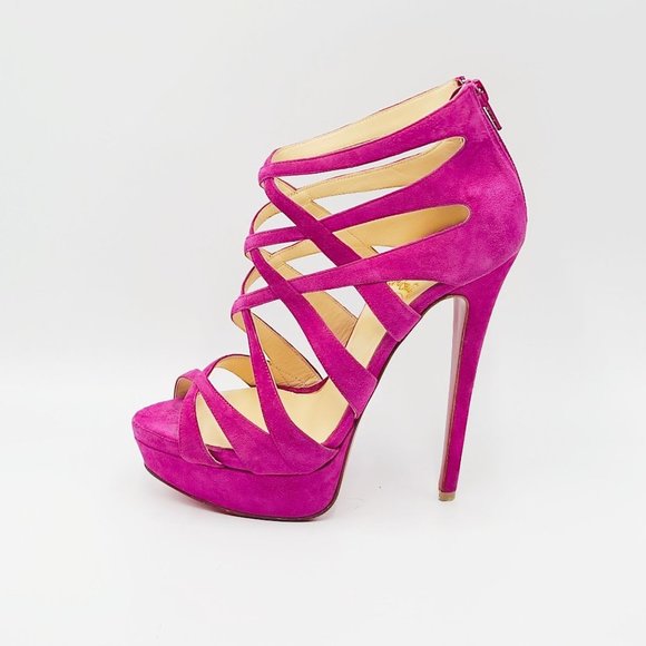 Christian Louboutin Shoes - Christian Louboutin Heels Balota Fuchsia Hot Pink Multi Strap Suede Booties 37